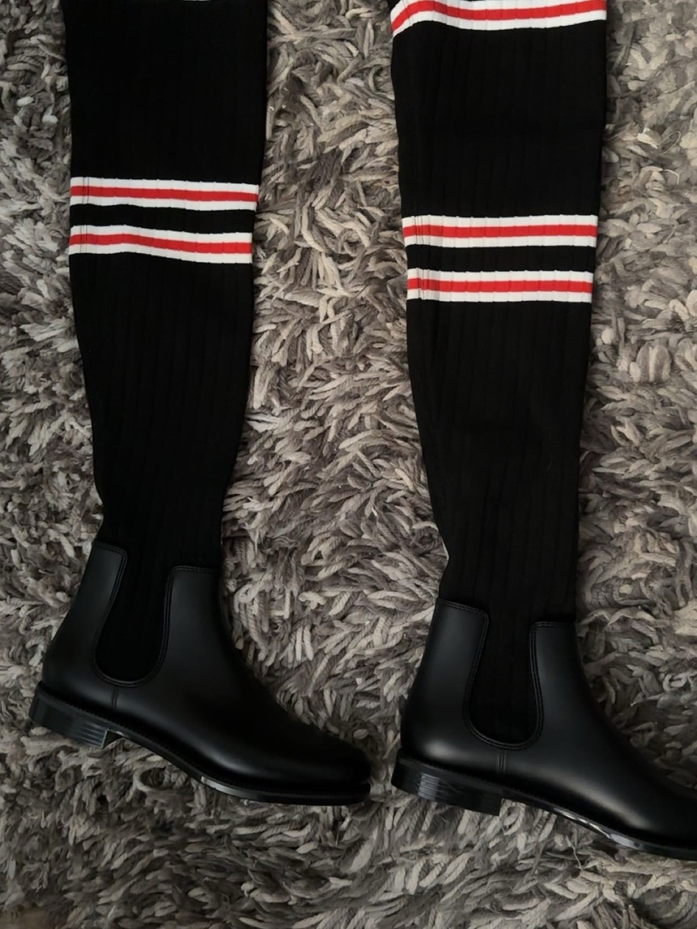 Givenchy Black Over-the-Knee Boots with Red & White Stripe Socks